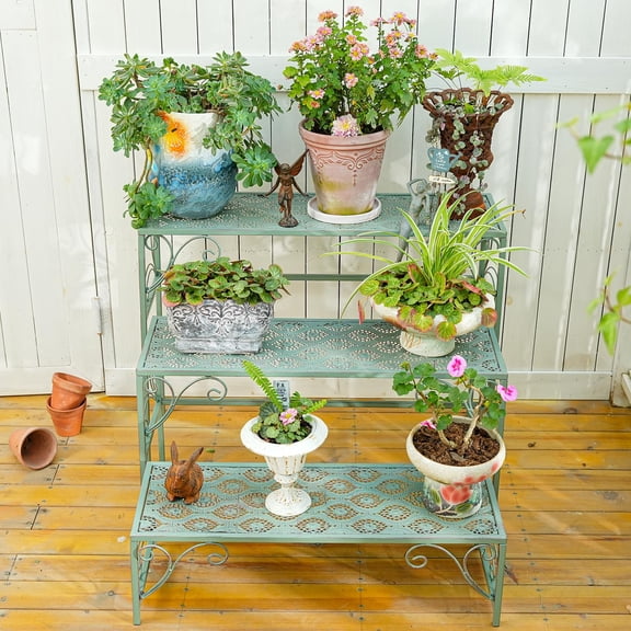 Sungmor Metal Plant Stand, 3 Tier Foldable Ladder Planters Display Shelf, Multiple Plants Flower Pots Vases Storage Organizer, Indoor Outdoor Multi Tiered Plant Rack for Garden Balcony Yard