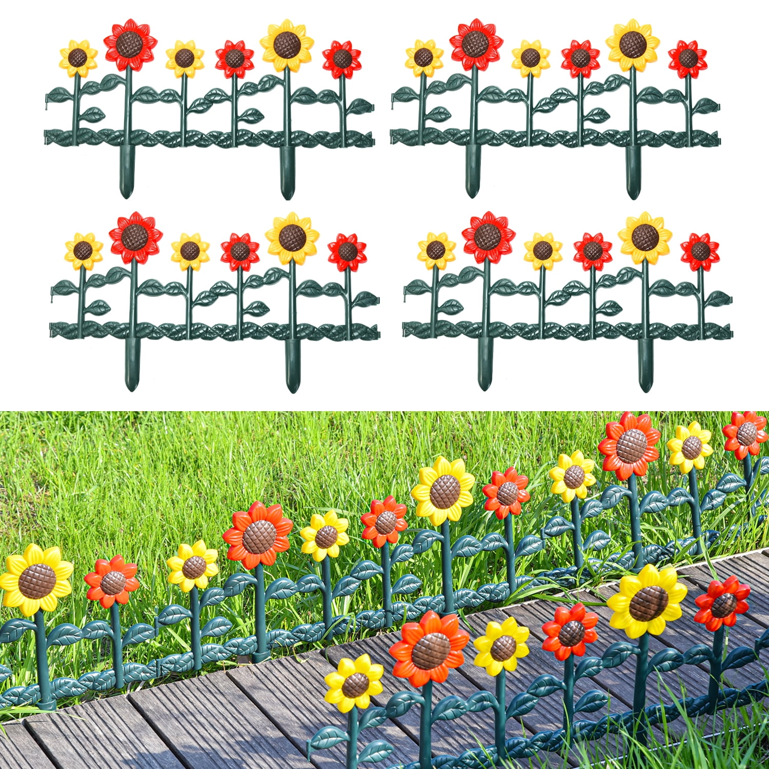 Sungmor Plastic Edgings Garden Picket Fence - Grass Lawn Flowerbeds Plant Borders - Decorative Sunflower Landscape Path Panels - Pack of 4 (Overall Length 98 Inches) - Lightweight & Easy Installation