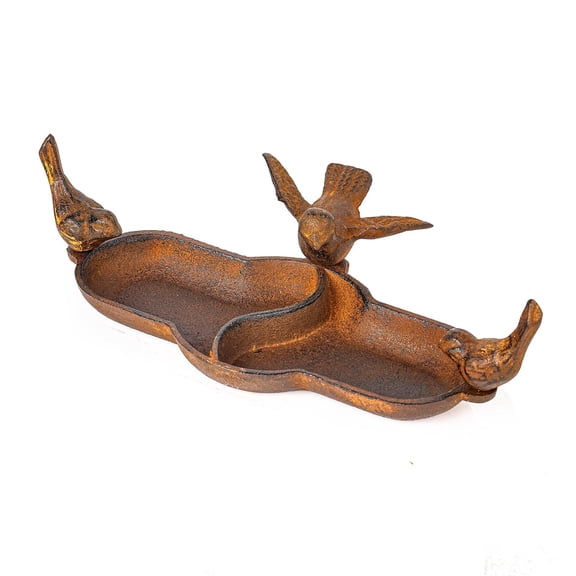 Sungmor Rustic Cast Iron Bird Feeder Dish, Decorative Garden Birdbath with Bird Statues, Heavy-Duty Garden Feeder Tray - Rust Finish