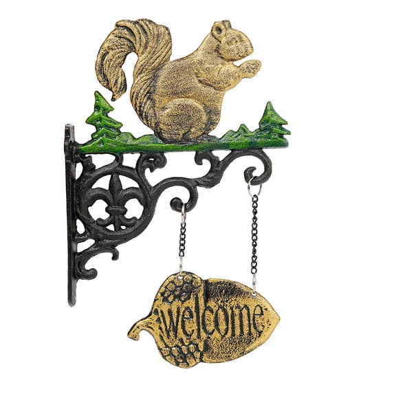 Sungmor Rustic Cast Iron Squirrel Welcome Sign - Vintage Wall Mounted Plaque with Pinecone Design, Outdoor Hanging Sign for Porch, Garden, Cabin or Farmhouse Decor