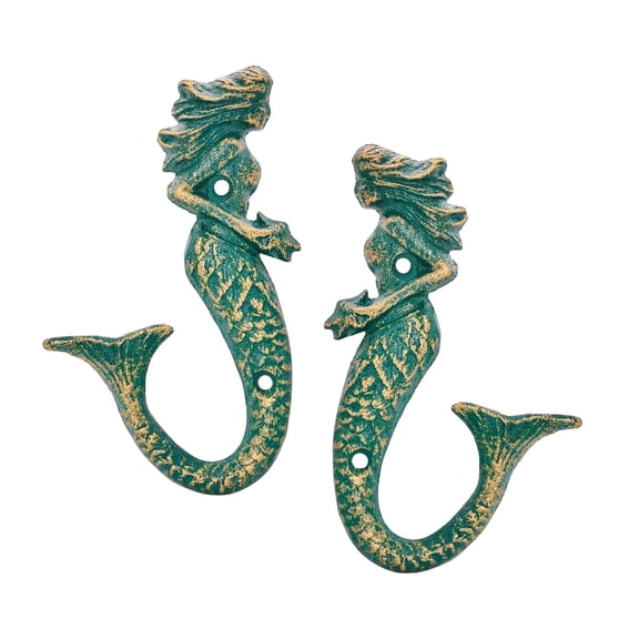 Sungmor Cast Iron Beachy Bathroom Hooks, Vintage Rustic Mermaid Beach Hangers, 2 Count, Antique Green