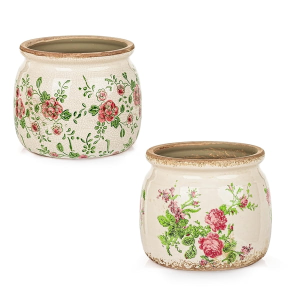 Sungmor Set of 2 Farmhouse Ceramic Planters with Drainage Hole,Vintage Crackle Glaze Flower Pots, Tuscan Decor Pots for Indoor/Outdoor Herbs,Succulents and Small Flowers
