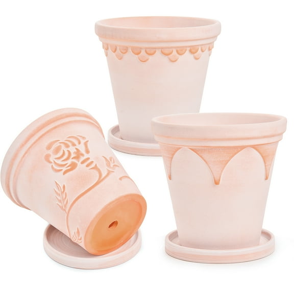 Sungmor Set of 3 Terra Cotta Pots with Saucer & Drainage Hole, Large & Deep Clay Pots, Unique Embossed & Pretty Color Pottery Planters, Decorative Flower Pots for Plants Orchid Cactus Succulent