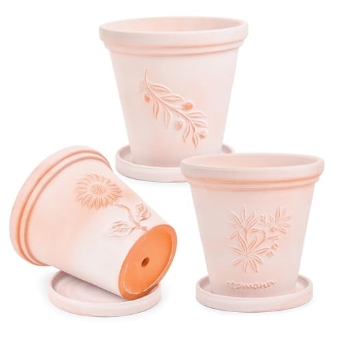 Sungmor Set of 3 Terra Cotta Pots with Saucer & Drainage Hole, Large ...