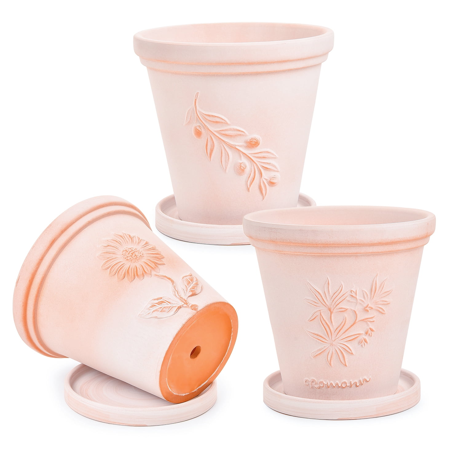 Sungmor Set of 3 Terra Cotta Pots with Saucer & Drainage Hole, Large & Deep Clay Pots, Unique Embossed & Pretty Color Pottery Planters, Decorative Flower Pots for Plants Orchid Cactus Succulent
