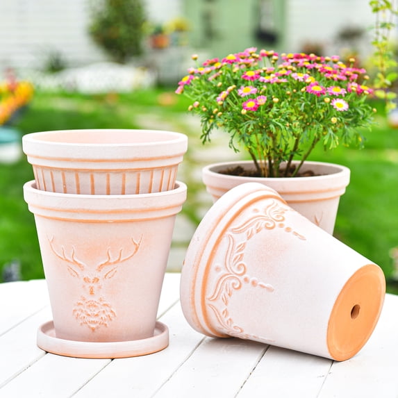 Sungmor Set of 3 Terra Cotta Pots with Saucer & Drainage Hole, Large & Deep Clay Pots, Unique Embossed & Pretty Color Pottery Planters, Decorative Flower Pots for Plants Orchid Cactus Succulent