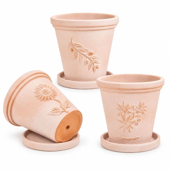Sungmor Set of 3, 8 Inch Floral Leaf Embossed Terra Cotta Plant Pots
