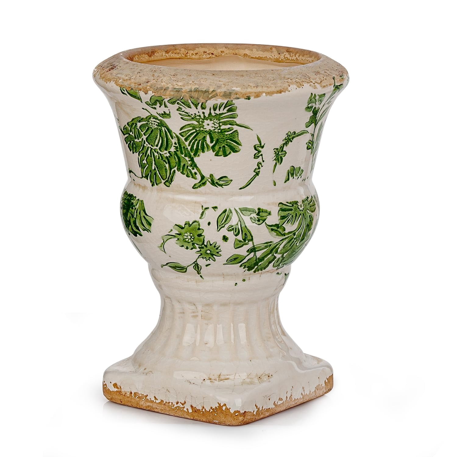 Sungmor Small Ceramic Urn Planter - Green Scroll Floral Pedestal Flower Pot, Decorative Vintage Chinoiserie Style Planters, Tuscan Accent Vase Indoor Outdoor Plant Holder with Drainage