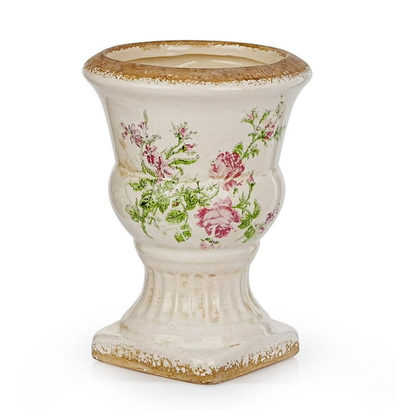 Sungmor Small Ceramic Urn Planter - Pink Scroll Floral Pedestal Flower Pot, Decorative Vintage Chinoiserie Style Planters, Tuscan Accent Vase Indoor Outdoor Plant Holder with Drainage
