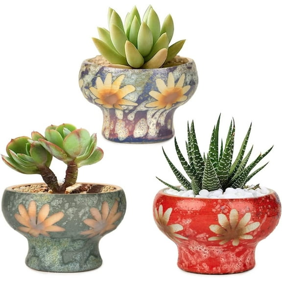 Sungmor Small Succulent Planters Set of 3, Beautiful Hand Crafted Ceramic Plant Pots Cute Cactus Pot, 4.9 Inch Flower Pots for Indoor Plants with Drainage, Desktop Windowsill Home Office Decor Pots