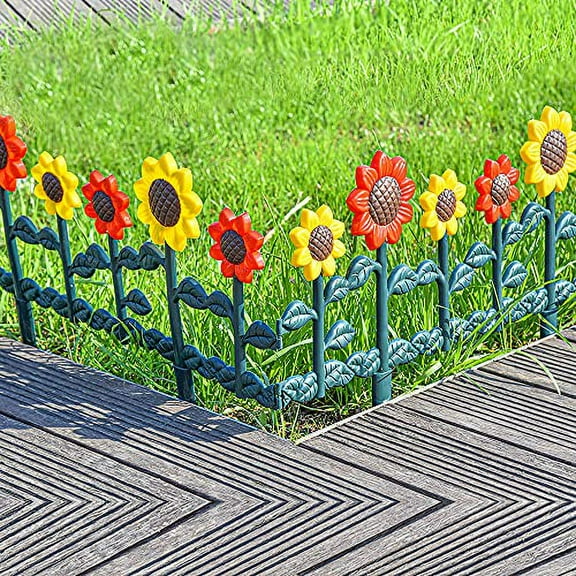 Sungmor Sunflower Design Garden Picket Fence, Flower Bed/Lawn/Drive Way Decor Border, Outdoor Landscape Fence, Total Length 98 Inch & Lightweight Plastic Fence