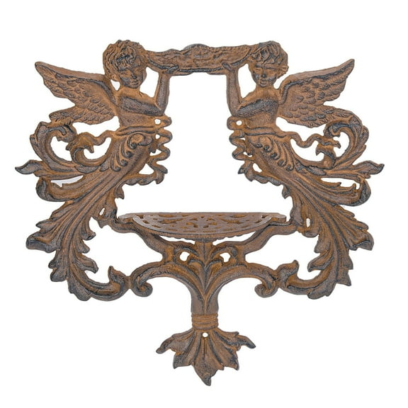 Sungmor Vintage Angel Wall Candle Sconce, Ornate Cast Iron Cherub Candle Holder, Small Decorative Wall Shelf, Scrollwork Accent for Indoor Outdoor Decor, Full Rust Finish