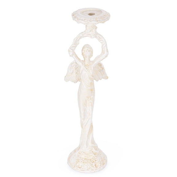 Sungmor Vintage Cast Iron Angel Candlestick Holder, 22.6" Tall Heavy Duty Antique White Candle Stand for Taper or Pillar Candles, Decorative Sculpture for Home, Altar, Gothic Decor