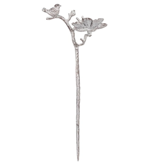 Sungmor Vintage Cast Iron Bird & Flower Garden Stake - Decorative Metal Yard Ornament, Small Bird Feeder, 26.2" Tall Antique White Finish, Outdoor Lawn & Patio Decor, Rustic Garden Sculpture
