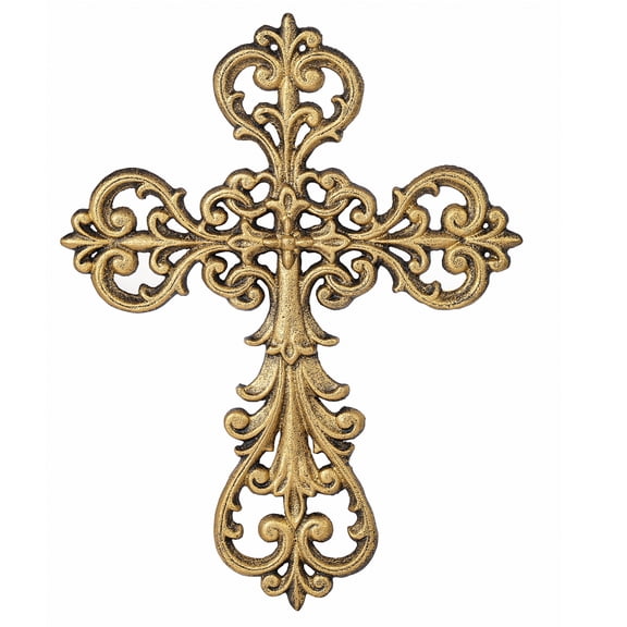 Sungmor Vintage Cast Iron Cross Wall Decor, 13.8" Tall Heavy Duty Rustic Gold Finish Wall Sculpture,Ornate Metal Art Farmhouse Home Decor