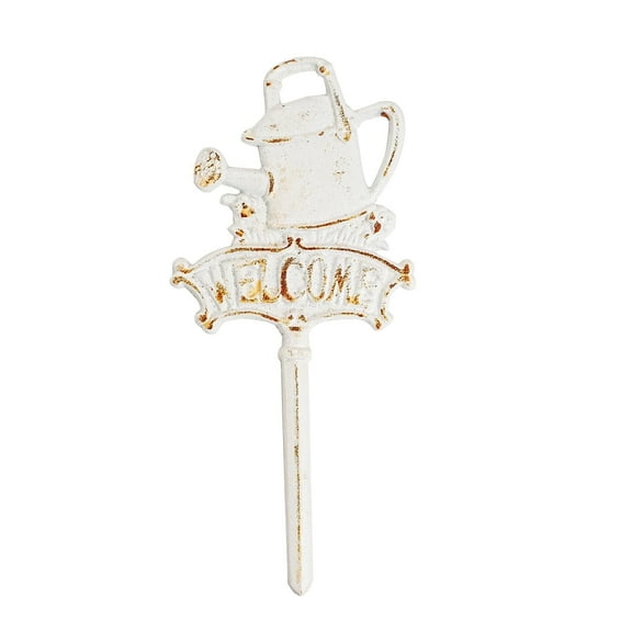 Sungmor Vintage Cast Iron Decorative Garden Stake, Rustic White Welcome Yard Art Sign with Stake, 12.6" Tall Metal Watering Can Stake with Welcome Sign, Lawn Patio Backyard Outdoor Spring Decor