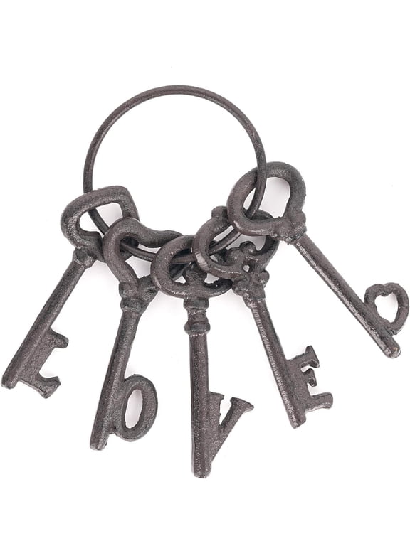 Vintage Cast Iron Decorative Keys, Rustic Key Wall Decor, Farmhouse Metal Key Ring Accent, Love Word Design with Antique Skeleton Keys, Gift for Home & Garden, Halloween Prop