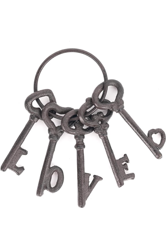 Vintage Cast Iron Decorative Keys, Rustic Key Wall Decor, Farmhouse Metal Key Ring Accent, Love Word Design with Antique Skeleton Keys, Gift for Home & Garden, Halloween Prop
