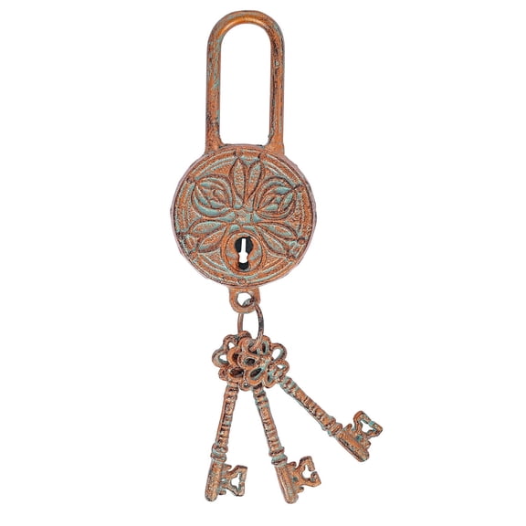Sungmor Vintage Cast Iron Decorative Padlock and Keys-Rustic Wall Hanging,Ornate Lock Sculpture for Home,Farmhouse & Boho Decor, Copper Finish