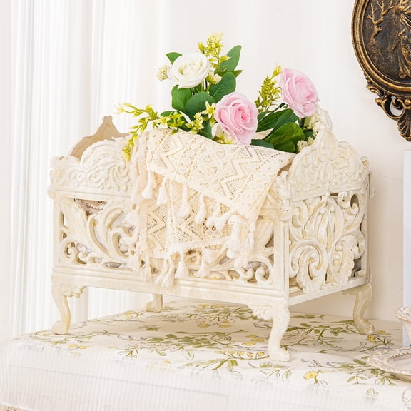 Sungmor Vintage Cast Iron Decorative Storage Holder, Multi-Use Magazine Rack, Planter Holder, Towel Basket, Garden Box, Ornate Organizer for Indoor Outdoor, Rustic White Metal Accent Decor