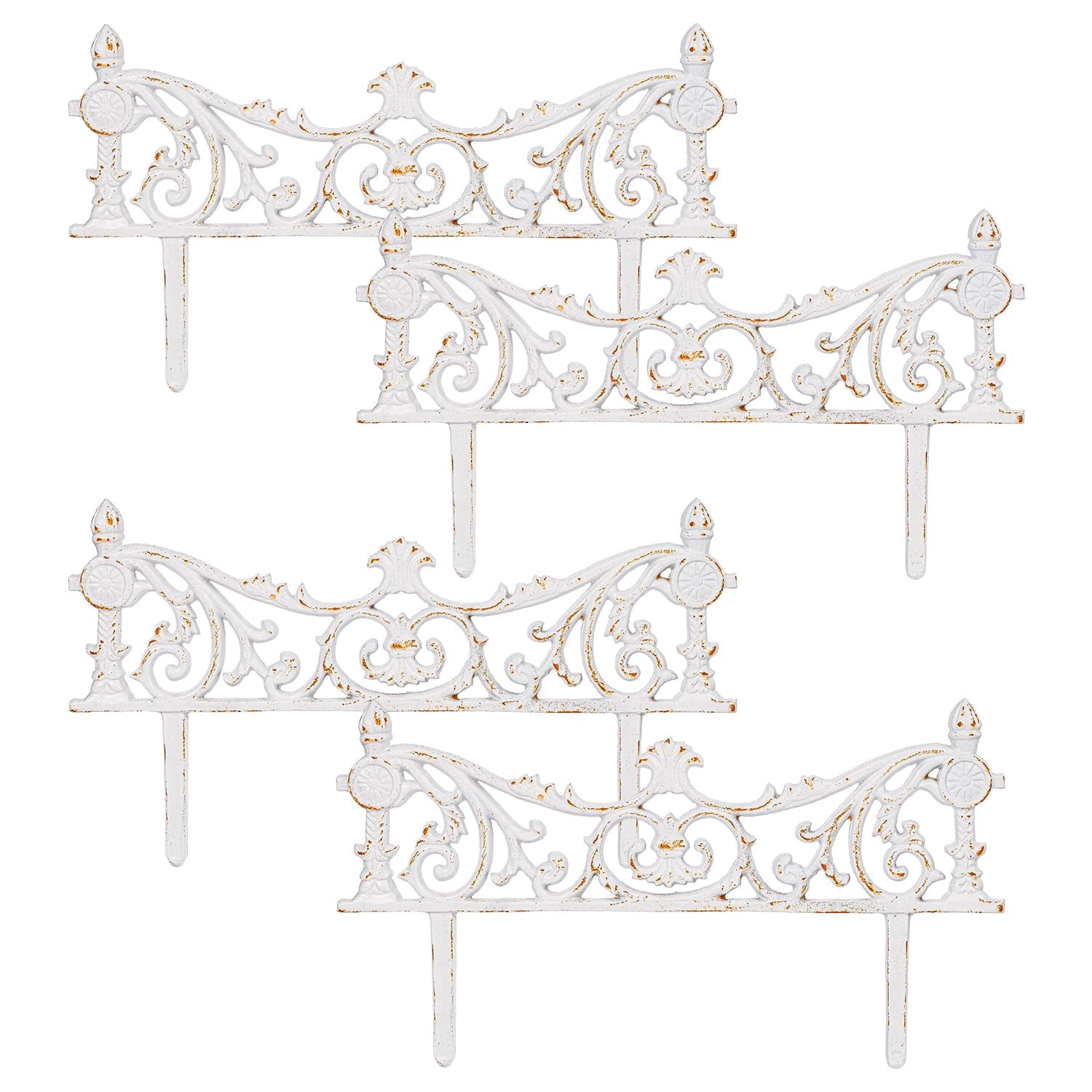 Sungmor Vintage Cast Iron Garden Border Fence,Decorative Metal Edging for Flower Bed, Patio and Yard,Heavy Duty Ornate Garden Decorative Fences,Rustic White Finish & 4 Pack Panels