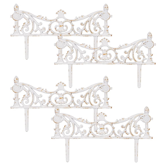 Sungmor Vintage Cast Iron Garden Border Fence,Decorative Metal Edging for Flower Bed, Patio and Yard,Heavy Duty Ornate Garden Decorative Fences,Rustic White Finish & 4 Pack Panels