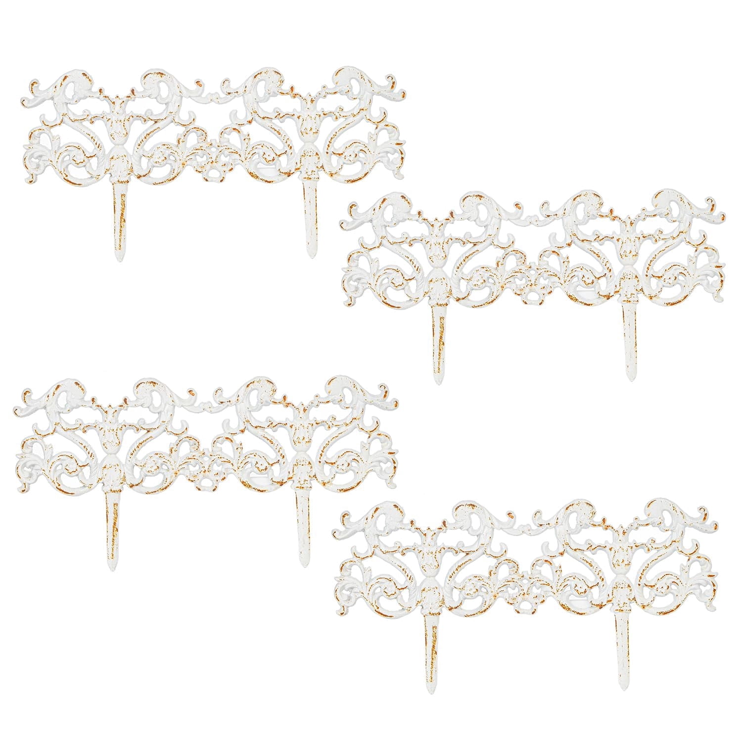 Sungmor Vintage Cast Iron Garden Border Fence, Decorative Metal Edging for Flower Beds & Pathways, Ornate Heavy Duty Outdoor Lawn Edge Decor, Rustic White Finish & 4 Pack Panels, 8.5" H × 16.5" W