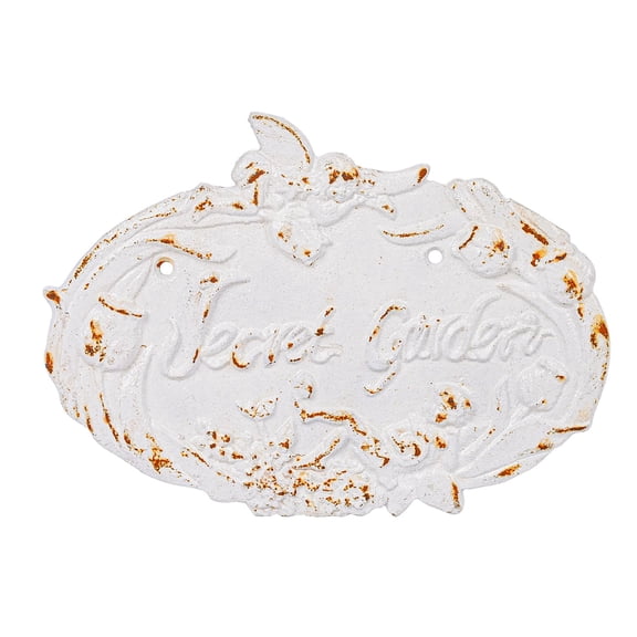 Sungmor Vintage Cast Iron Secret Garden Sign - Shabby Chic White Wall Plaque, Outdoor Garden Decorative Sign, French Country Cottage Wall Decor for Fence, Gate, or Patio, Distressed Rustic Finish