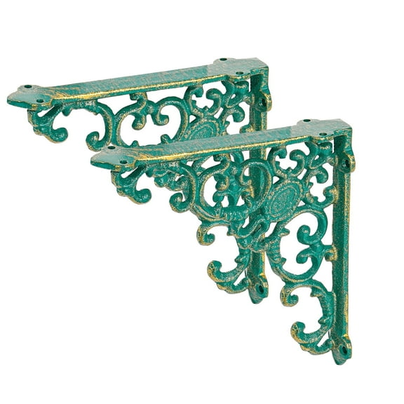Sungmor Vintage Cast Iron Shelf Brackets, Ornate Decorative Corner Shelf Supports, 2 Pack Garden Wall Hanging Brackets, 7.7 Inch Rustic Green Metal Corbels with Scroll Design, Indoor Outdoor Use
