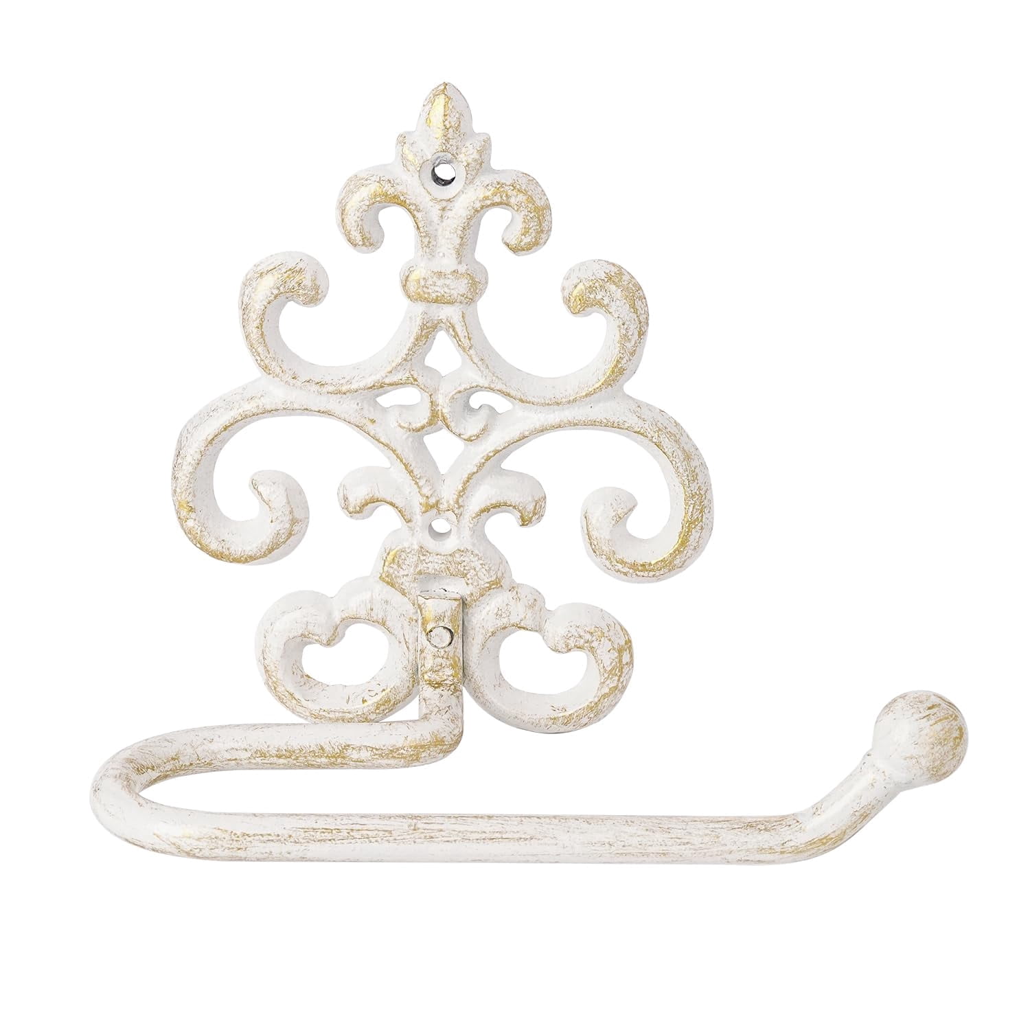 Sungmor Vintage Cast Iron Toilet Paper Holder - Wall Mounted Rustic Bathroom Tissue Holder with White & Gold Finish, Decorative Accent for Farmhouse, Victorian Décor, Heavy Duty Metal Scroll Design
