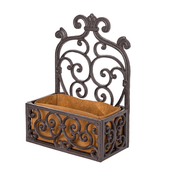 Sungmor Vintage Cast Iron Wall-Mounted Planter Basket with Fabric Liner,Rustic Scrollwork Hanging Flower Holder,Decorative Wall Shelf for Plants,Outdoor Hanging Basket Flower Pot