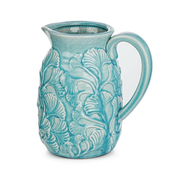 Sungmor Vintage Ceramic Pitcher Vase - Rustic Farmhouse Decorative Vase with Handle for Dried Flowers, Greenery & Home Decor Accent, Turquoise Embossed Floral Jug, Ice Crackle Glaze Finish, 8 Inch