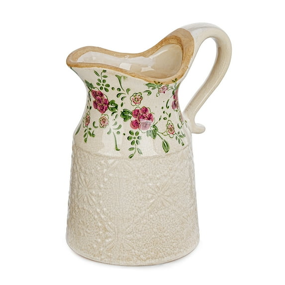 Sungmor Vintage Ceramic Pitcher Vase - Rustic Farmhouse Decorative Vase with Handle for Dried Flowers, Greenery & Home Decor Accent, White Embossed Floral Jug, Ice Crackle Glaze Finish, 9.2 Inch