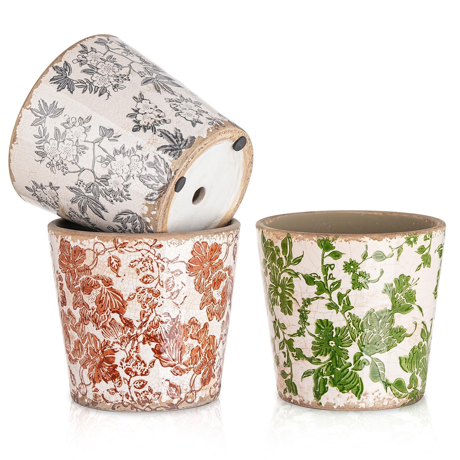 Sungmor Vintage Ceramic Plant Pots, Set of 3 Pretty Ice Cracked Glaze Ceramic Flower Pots, 5.5in. Herb Planters with Drainage Hole, Tuscan Planters for Indoor Outdoor Plants, Home Garden Decor Pot