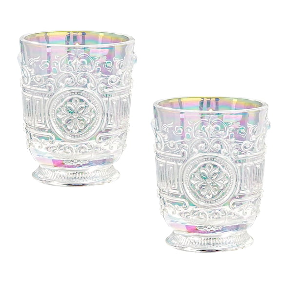 Sungmor Vintage Embossed Drinking Glasses Set of 2 - Clear Rainbow Tumbler Glasses, 10 oz Decorative Cups for Cocktails, Water or Juice - Antique Baroque Style Glassware