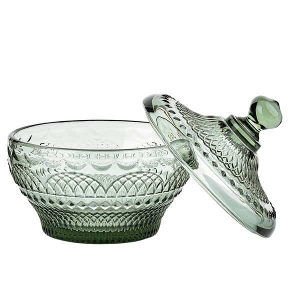 Sungmor Vintage Embossed Glass Candy Storage Jars w/Lid, Decorative Colorful Crystal Candy Dishes Grey Cookie Container, Pretty Covered Bowls for Chocolate Dessert Icecream Buffet