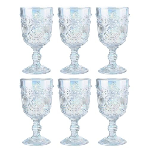 Sungmor Vintage Pressed Glass Goblet Glassware, 6PCS Classic Wine Goblets Beverage Stemmed Glass Cups, 10 oz Drinking Glasses with Embossed Design, Clear Water Goblet for Party, Wedding, Daily Use