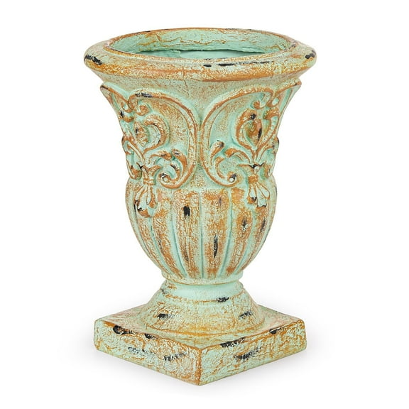 Sungmor Vintage Resin Trophy Planter, 13 Inch Embossed Design Garden Urn with Drainage Hole, Decorative Plant Pot Indoor Outdoor Plant Container, Shabby Chic Flower Vase Home Decor