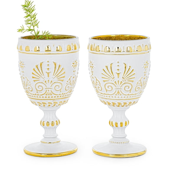 Sungmor Vintage White and Gold Wine Goblets - Set of 2 Embossed Glasses, 10 oz Decorative Drinking Glassware for Wine, Water or Cocktails - Baroque Stemware for Entertaining or Gifting