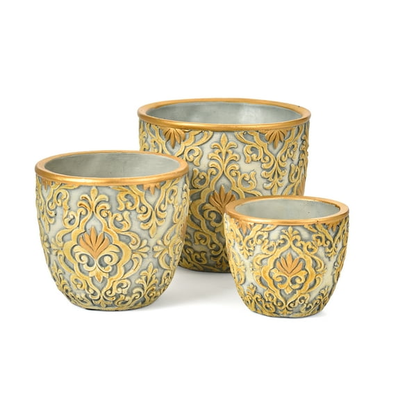 Sungmor Cement Planter Succulent Pots, Set of 3 Concrete Cactus Plant Pot with Drainage Hole, Embossed Design Flower Pot for Home Office Decor, Indoor Outdoor Plants Container