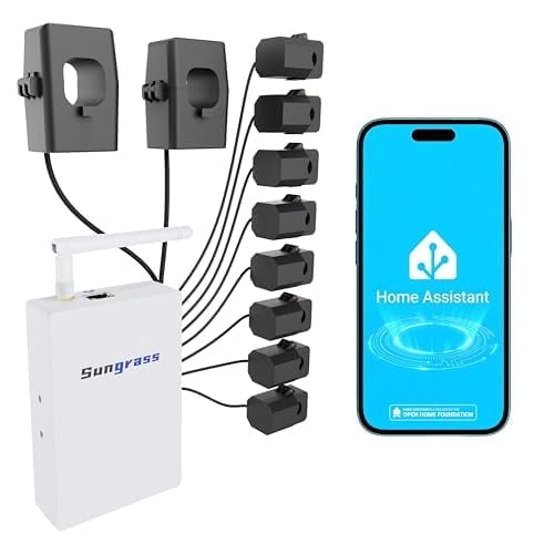Sungrass Home Energy Monitor for Home Assistant  10-Circuit, Real-Time Tracking, Solar Self-Consumption, Wi-Fi/Ethernet, Energy Usage Monitor