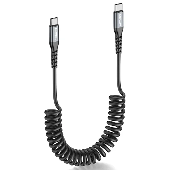 Sunguy Coiled Usb C To C Cable 3Ft, Usb-C For Car, Usbc Grey