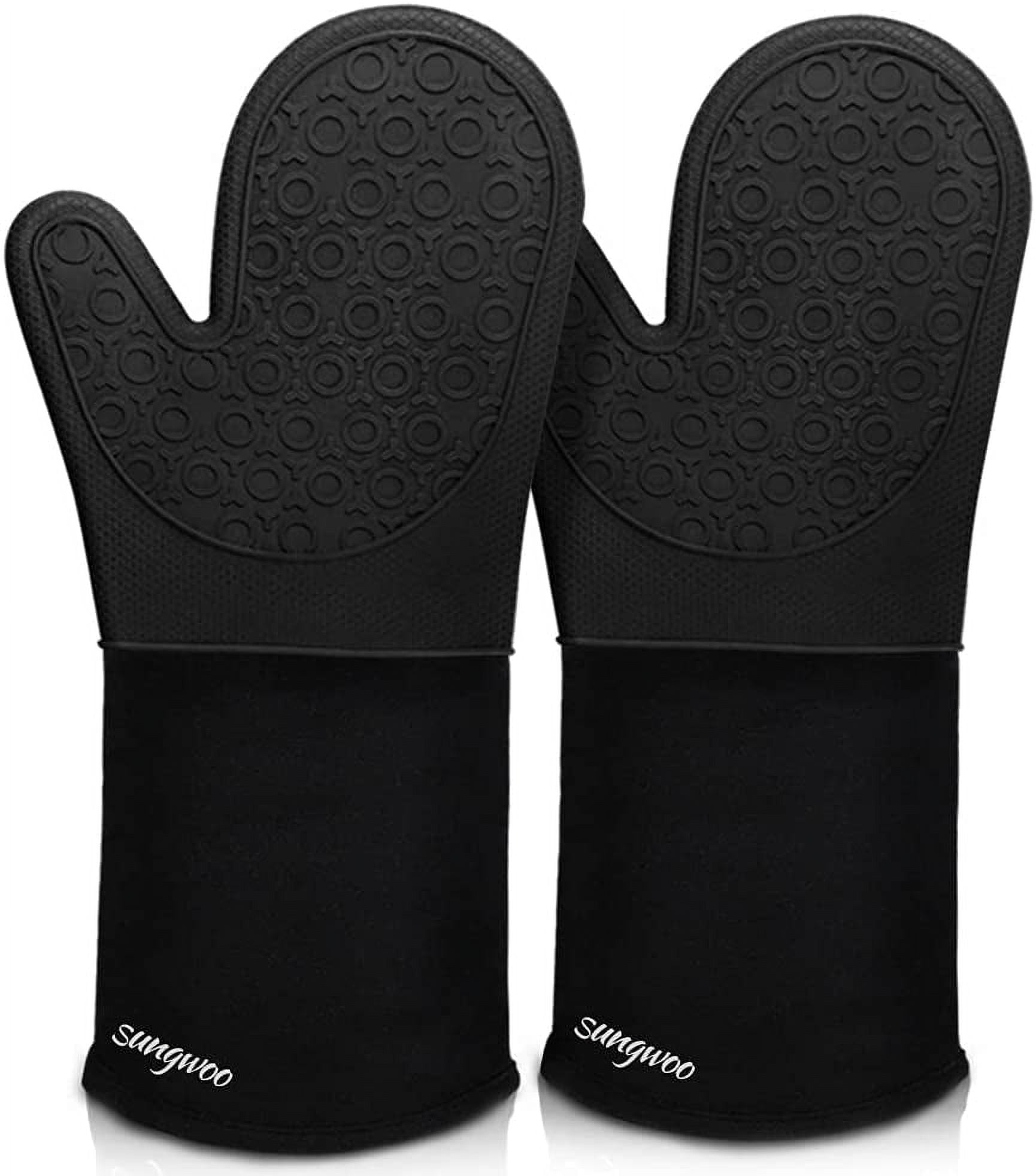 Extra Long Black Silicone Oven Mitts with Quilted Liner