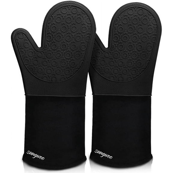 Sungwoo Extra Long Silicone Oven Mit's, Durable Heat Resistant Oven Gloves with Quilted Liner Non-Slip Textured Grip Perfect for BBQ, Baking, Cooking and Grilling - 1 Pair 14.6 Inch Bla