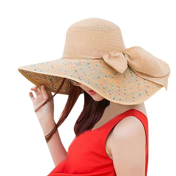 Sunhat Women, Yigetop Women Colorful Big Brim Straw Bow Hat Sun Floppy Wide Brim Hats Beach Cap Summer Hats for Women 2025 Khaki One Size