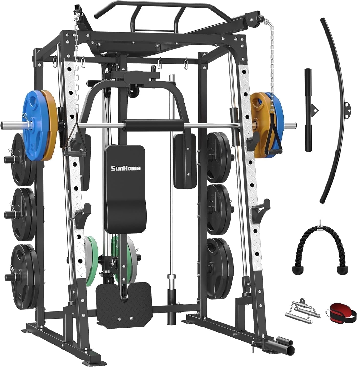 Sunhome Smith Machine 2000 LBS Power Cages Squat Rack More Cable Attachment Two LAT Pull-Down Systems, Cable Crossover Machine Home Gym