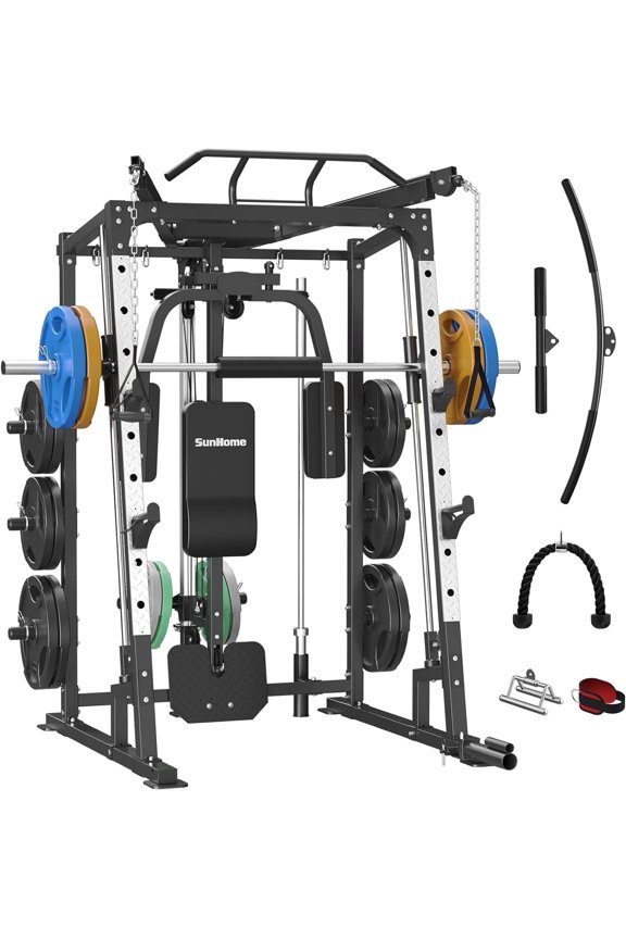 Sunhome Smith Machine 2000 LBS Power Cages Squat Rack More Cable Attachment Two LAT Pull-Down Systems, Cable Crossover Machine Home Gym
