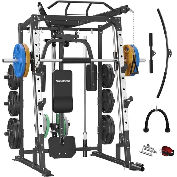 Sunhome Smith Machine 2000 LBS Power Cages Squat Rack More Cable Attachment Two LAT Pull-Down Systems, Cable Crossover Machine Home Gym
