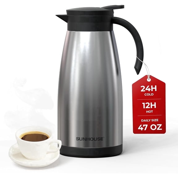 Sunhouse 47 Oz Thermal Coffee Carafe - Insulated Stainless Steel Thermos