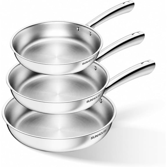 Sunhouse Tri-Ply Stainless Steel Frying Pans Set, 8”/9.5”/10” Cooking Pans
